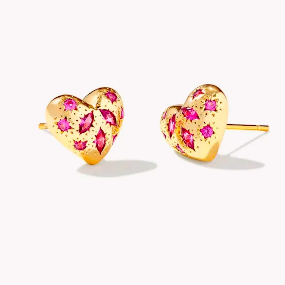 NWT Kendra Scott Holland Gold Heart Stud Earrings in Pink Crystal